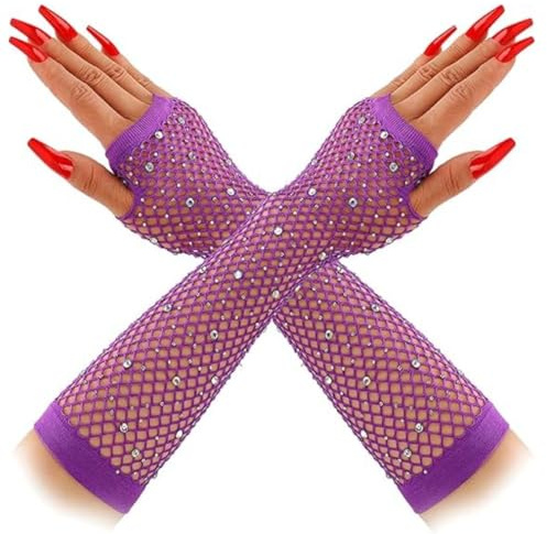 Rhinestones Long Fishnet Fingerless Gloves Glitter Fish Net Fancy Dress