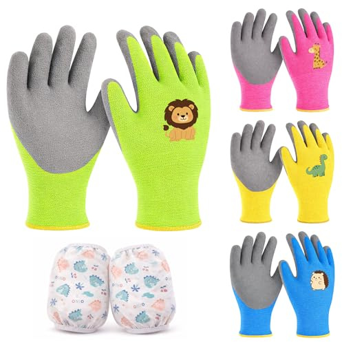 FZSECRIU 4 pares guantes jardineria niños+1 manga doble，guantes jardin（Amarillo, verde, azul, rosa），Lindos motivos de animales guantes niño/muchacha 5-7 años