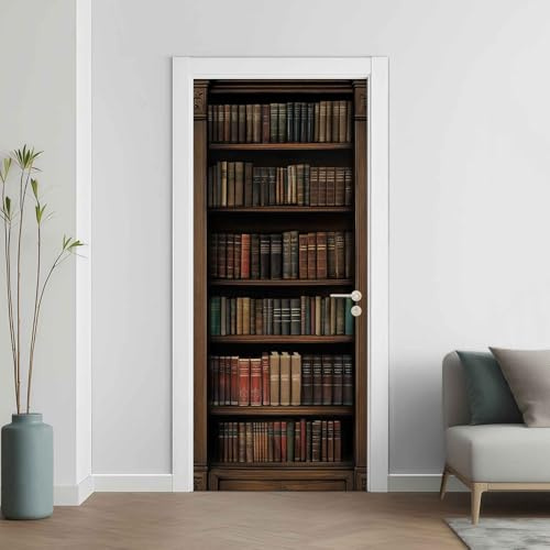 Vintage Bücher Türaufkleber, Rustikal Türfolie Selbstklebende Fototapete, Mittelalter Türposter Abnehmbar Türfolie PVC für Tür Schlafzimmer Badezimmer Türaufkleber 80x200 cmQh271