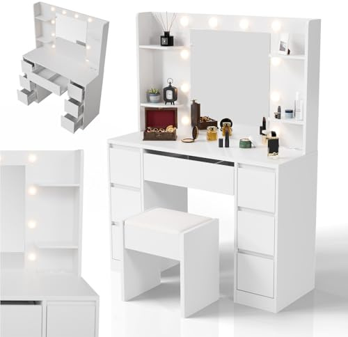 Juskys Schminktisch Malia mit LED-Spiegel und Hocker Melly, 7 Schubladen, individuelle Lichteinstellung, viel Stauraum, modernes Design, kompakt & pflegeleicht