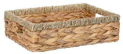 Wickerfield Shallow Woven Water Hyacinth Basket, Wicker Hamper Basket with Handle, Storage Baskets for Bathroom, Toys, Gift (Seagrass, Large)
