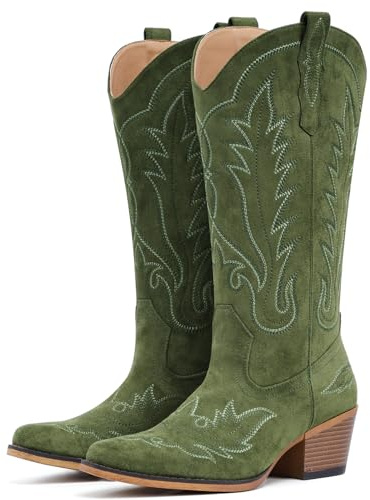 Fioralie Suede Cowboy Boots for Women Western Mid Calf Cowgirl Boots with Embroidered, Retro Snip Toe Fashion Boot With Chunky Block Heel Summer Fall Country Music Festival Cowboy Chic