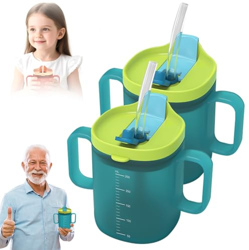 KQWVZ Schnabeltasse Senioren 300mL, 2PCS Auslaufsichere Becher für ältere Menschen, Schnabeltasse Senioren Mit Griff, Trinkbecher fürSenioren, Trinkbecher mit Deckel und Strohhalm für Ältere (Blau)