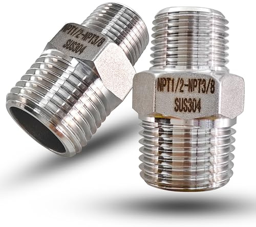 1/2 to 3/8 Male NPT Hex Reducing Nipple Fitting Adapter, 304 Stainless Steel 1/2 Inch to 3/8 Inch MNPT Threaded Pipe Adapter Fittings Reducing Nipples Connector (1/2 x 3/8 Male)