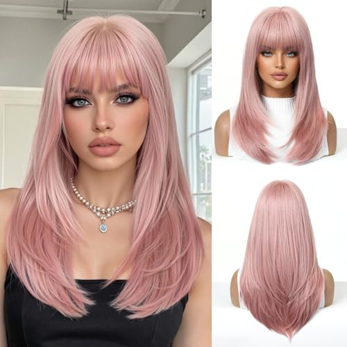 OUFEI rosa peruker för kvinnor Stor hårbotten Medellång lång rak peruk med lugg Syntetiskt hår Värmetåliga peruker för vardagsbruk, festkläder och cosplay