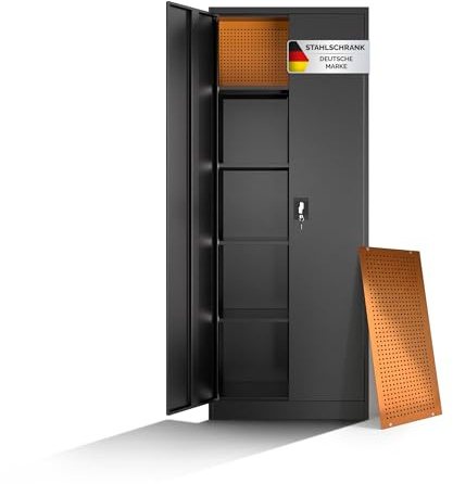 Aktenschrank – Metallschrank, Büroschrank mit Schloss & Steckwand – Werkzeugschrank, Aufbewahrungsschrank mit stabilem Stahlgehäuse & Magnettüren Mehrzweckschrank für Büro, Werkstatt, Garage (Schwarz)