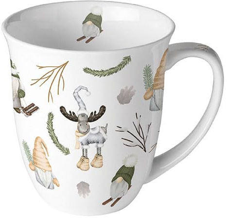 Ambiente Porzellan Tasse ca. 400ml Becher Bone China Mug Für Tee Oder Kaffee Herbst Winter Weihnachten Christmas Forest gnomes white