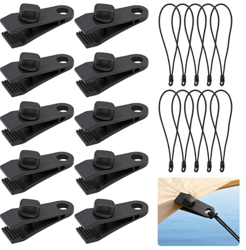 KIBBEH 10 tensores de lona con ganchos – Peines de plástico ajustables para lonas, tiendas de campaña, toldos, toldos, camping, incluye cuerdas de goma con ganchos