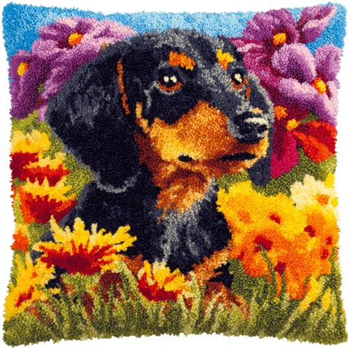 WallustrioaW Knüpfkissen Set,Latch Hook Kissen Kit,Dackel und Gänseblümchen,3D Handgemachte Geschenke Knüpfteppich Für Kinder Und Erwachsene Knüpfset,43x43cm