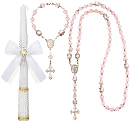WILLBOND 3 Pcs First Communion Rosary and Candle Set Confirmation Candle Gifts Set Baptism Catholic Bracelets Cross Necklace Holy Communion Accessories for Christening Gift Keepsake(Pink Rosary)