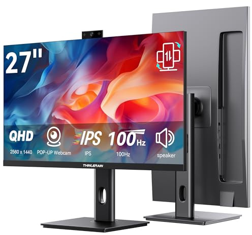 Thinlerain 27 Zoll Monitor mit Pop-Up-Webcam – 2K 2560 x 1440 IPS Computer Monitor, 100 Hz Gaming PC Bildschirm, integrierte 3MP Kamera & Mikrofon, HDMI, DisplayPort, Monitor für Home Office & Arbeit