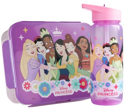 Get Trend Disney Princess Porta Pranzo Bambini, Set 2 Pezzi con Senza BPA Bento Box 3 Scomparti e Borraccia Coperchio Apribile con Cannuccia 640 ml, Scuola Idea Regalo (Rosa/Viola Princess)