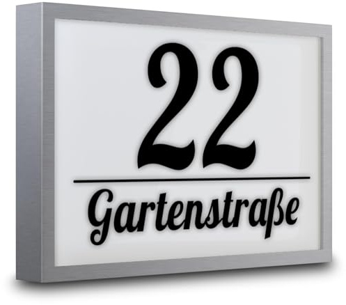 PRINTIMA LED Hausnummer Schild – 230V Anschluss – Gold 33x22 cm – Aluminium + Plexiglas – Wetterfest, personalisierbar, modernes Design für Außenbereich, klare Sichtbarkeit bei Nacht