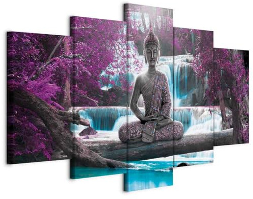 B&D XXL - Leinwandbild Wasserfall Baum Wald, 225x112 cm, 5-teilig, modern | Hochwertige Leinwand, sofort aufhängbar, ideal fürs Wohn- oder Schlafzimmer, wasserfest und lichtecht, langlebig, stilvoll