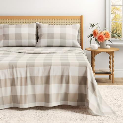 Flannel Sheet Set Queen Size - 100% Turkish Cotton, Double-Brushed, Printed Bed Sheets - Ultra-Soft, Cozy, 4-Piece Bedding Set (Buffalo Check - Soft Taupe/Pale Grey)