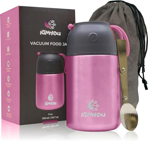 Kimyou Food Flask 730 | Premium Stainless Steel Vacuum Insulated Thermal Food Container | Food flasks for hot Food | Soup Flask | Soup containers | Vacuum flasks with Bag, Brush and Spoon Pink