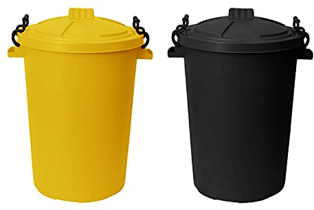 M1SS (Set of 2) 50 Litre Yellow and Black Heavy Duty Plastic Clip Lock Lid Bin Indoor or Outdoor Rubbish, Trash Can, Waste or Storage of Animal Feed.