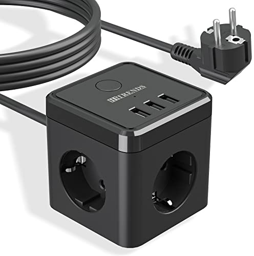 Steckdosenwürfel 3-Fach mit 3 USB-A Anschlüssen, Steckdosenwürfel mit USB, 3-Fach Steckdosenleiste mit 3 USB Ports, 2m Kabel, Überspannungsschutz für Büro Zuhause, Schwarz