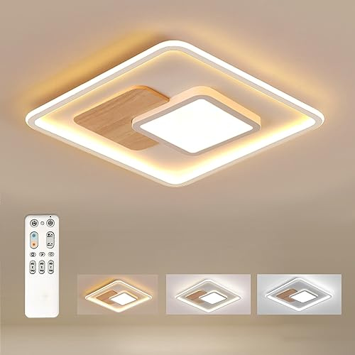 FitzMia Quadrat LED Deckenleuchte, Deckenlampe mit Holz, Deckenlampen Dimmbar mit Fernbedienung, Moderne Runde Holz Deckenlampe für Schlafzimmer Kinderzimmer Wohnzimmer Küche (41.5 * 41.5CM 40W)