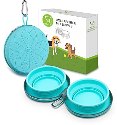 KALLAK Faltbare Doppel-Hundenäpfe aus Silikon mit Reise-Etui, 2 in 1 Reise-Hundenäpfe für Tiernahrung und Wasser, Rutschfester Erweiterbare Tassenschüssel Für kleine und große Hunde