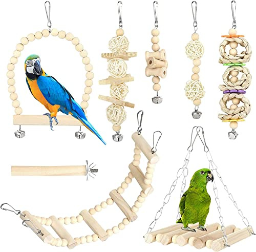 GWHOLE Juguetes para Pájaros 8 Piezas, Juguetes Agapornis de Madera | Set de Columpio para Loros, Juguetes para Masticar, Accesorios para Jaulas de Pájaros, Periquitos, Cacatúas y Aves Pequeñas
