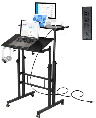 Hadulcet Mobile Standing Desk with Charging Station, Adjustable Standing Computer Desk, Standing Adjustable Laptop Cart with Wheels for Home Office Classroom Black