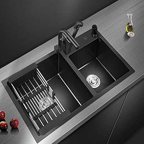 IDEAX Fregadero Cocina 2 Senos Negro, Fregadero Acero Inoxidable con Escurridor Fregadero Bajo Encimera, Fregadero sobre Encimera Ou Empotrado Fregadero Exterior Jardin (Color : E, Size : 75 * 41cm)