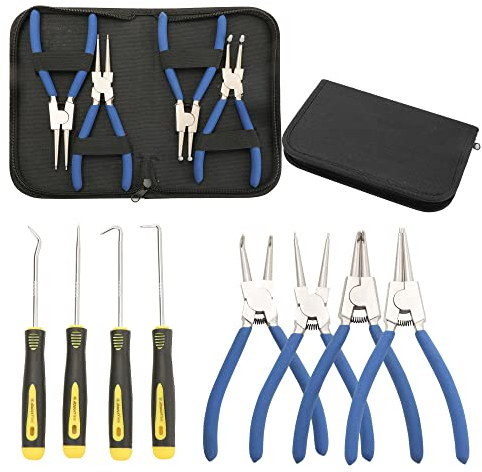 8Pcs C Clips Pliers Set, 7inch Snap Ring Pliers, Heavy Duty Internal External Ring C Clip Plier with Precision Oil Seal Hook Kit for Circlip Remover Retaining and Remove Hoses