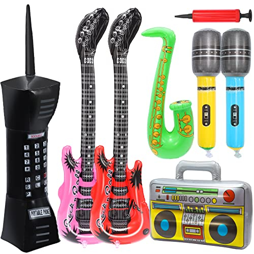 JEFFOUOO Aufblasbare Instrumente Spielzeug Set,8Stück Aufblasbare Party Props,Aufblasbare Gitarre Saxophon Mikrofon Aufblasbares Handy Radio Boombox,Aufblasbare Rock Star Toy für 80er 90er Party Decor
