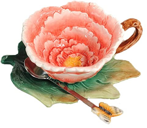 BOSUGE, Kaffeetasse im amerikanischen Stil, Sonnenblumen-Pfingstrose, Teetassen und Untertassen, Keramik-Kaffeetassen mit Untertassen und Löffel, Cappuccino-Tassen, Kaffeetassen, for Küche oder Café (