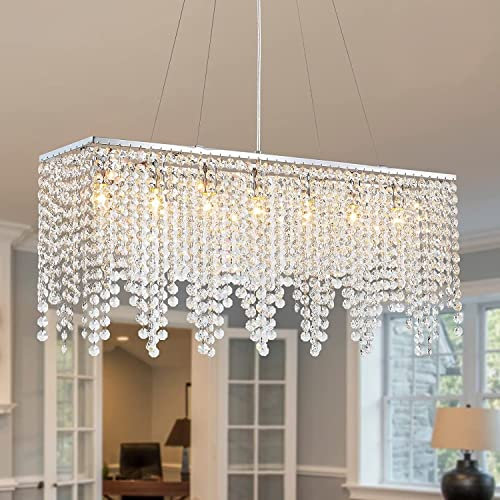 Lampadario moderno in cristallo per sala da pranzo Lampadario rettangolare in cristallo per soggiorno, sala da pranzo, ingresso, base E14, argento, (7 lampade, lunghezza 80 cm)