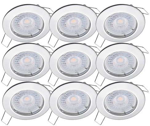 Oktaplex 9er Set Sedan LED Einbauspots 230V 3 Stufen dimmbar 3000K Warmweiß | 22mm Einbautiefe, Lochmaß 60mm, 4,8W, 380lm, 110° Einbauleuchte Sedan, Chrom flach