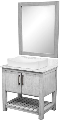 Miseno MV-30SG-NOBV-CAR-1141-MIR 30 Free Standing Single Basin Vanity Set with Cabinet, Marble Vanity Top, Porcelain Vessel Sink and Mirror - Stonewash Grey/Carrara White Top/Oil Rubbed Bronze
