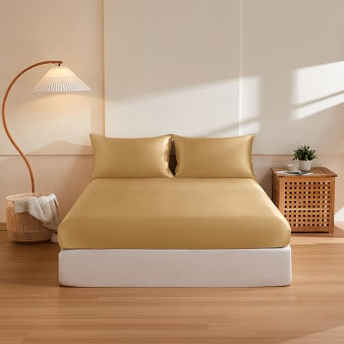 THXSILK 6A+ Top Grade 100% Pure Mulberry Silk Queen Fitted Sheet 3Pcs Set Bed Sheets Luxury Bedding for Hair and Skin Health Oeko-TEX Certified, 1 Fitted Sheet with 2 Pillowcases, Metallic Gold