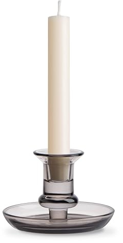 Torre & Tagus Delia Glass Candle Holder Taper Candle Holder with Candle Drip Protector, Gray Candlestick Holder with Round Candle Drip Catcher for Standard Candle Sticks for Table Centerpiece (Smoke)