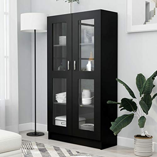 IKAYAA Vitrinenschrank Bücherschrank Mit Fächern und Glastüren Glasvitrine Stehend Standvitrine Vorratsschrank Küche Bücherschrank Mit Glastüren Schwarz 82.5 x 30.5 x 150 cm Holzwerkstoff