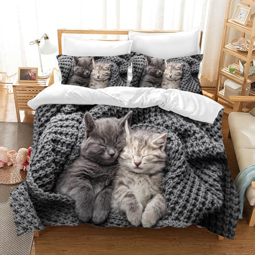 MIQEBX Parure de Lit Chat Imprimé Motif 200x200cm Mignon Chat Housse de Couette avec 2 Taies d'oreiller 3D Animal de Compagnie Imprimé Literie en Microfibre,pour Adultes Enfants Filles