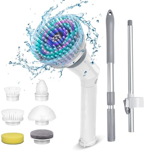 Qimedo Upgrade Rechargeable Electric Scrubber for Cleaning, 45-inch Handheld Spin Scrubber with Extended Long Handle, Cordless Power Dish Scrubber with 6 Brushes for Bathtub Grout Tile Floor