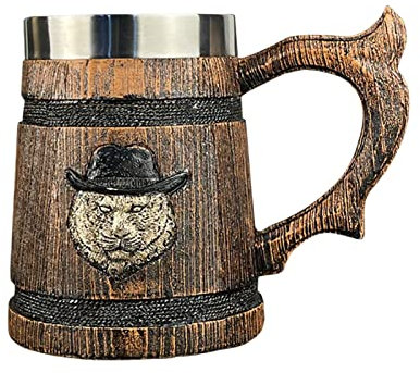 ASEELO Handmade Wooden Barrel Beer Mug/Stainless Steel Beer Cocktail Drink Jug/Rustic Large Capacity Beer Mug/580ML (02)