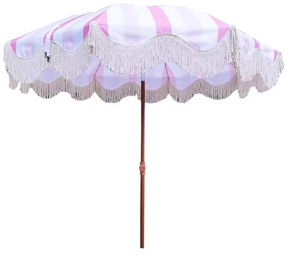 Ombrellone Da Spiaggia In Poliestere Da 78,7 Pollici Con Decorazione A Nappa E Palo Flessibile In Legno, Adatto For Luoghi Di Svago All'aperto Come Giardini E Piscine. ( Material : Pink and white stri