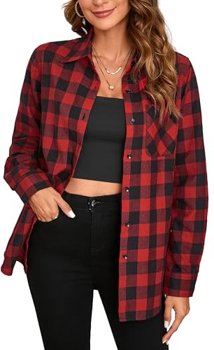 Stamain Chemise à Carreaux Rouge Femme Chemises Flanelle Manches Longues Classique Chemise Bucheron Western Décontractée Blouses Boutonnées M