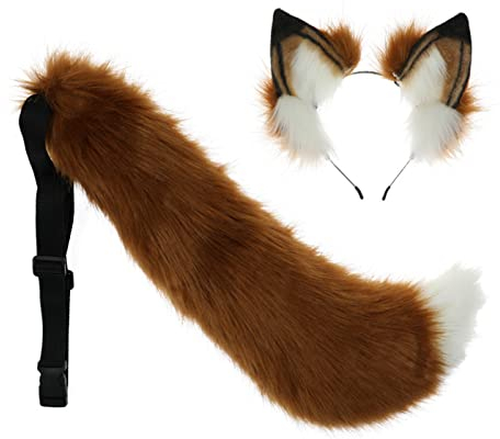 ZGPjubilant Pelziger Wolf, Katze, Fuchsschwanz und Ohren, Stirnband-Set, Haarreif, Kopfbedeckung, Flauschiger Schwanz, Tier, Halloween, Cosplay, Kostüm-Set, Braun (Braun) (Braun)