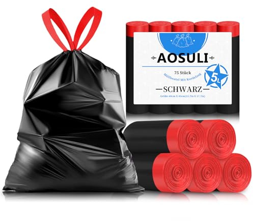 AOSULI 5L Schwarz Müllbeutel Mit Zugband, 75 Stück | Reißfest Und Auslaufsicher, Mit Zugband Für Einfache Nutzung, Ideal Für Badezimmer Kosmetikeimer