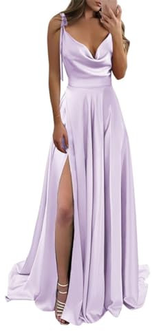 KURFACE Vestidos de dama de honor de satén para mujer, con tirantes delgados, cuello redondo, vestido formal largo con abertura, vestido de fiesta, Lila, 36