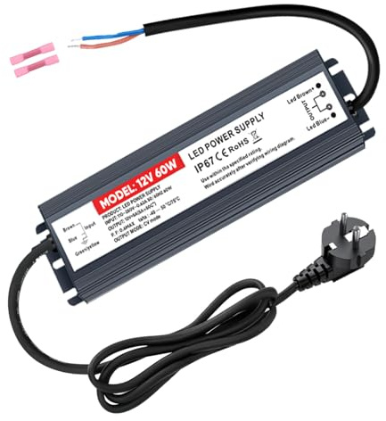 GPJYD 60W LED Trafo 12V Netzteil 5A, Wasserdicht IP67 LED Driver 12V | 230V auf 12V LED Transformator mit EU Stecker, für Innen- und Außenbereich