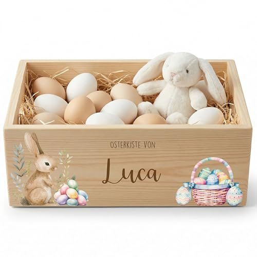 Kidsmood - Personalisierte Holzkiste mit Namen – Aufbewahrungskorb zu Ostern für Kinder, nachhaltig & kindersicher für Osterdeko & Ostergeschenke mit fröhlichem Hasenfreund (40x30x13)