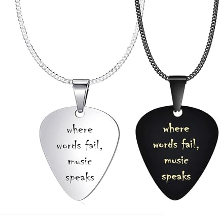 aplusashop Anhänger Plektrum mit Kette mit Gravur When words fail, music speaks Edelstahl Schwarz oder Silber, NEU