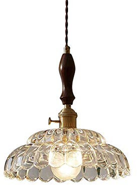 LAUMZX Vintage Crystal Glass Pendant Light With Wooden Handle, Retro Bubble Cut Glass Shade, Adjustable Hanging Ceiling Lamp For Kitchen, Dining Room, And Cafe Decor