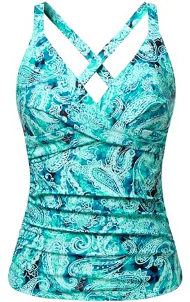 Women Underwire Tankini Top Only - Twist Front V Neck Bathing Suit Swim Top Tummy Control Cross Swimsuit 2026 Green Paisley M