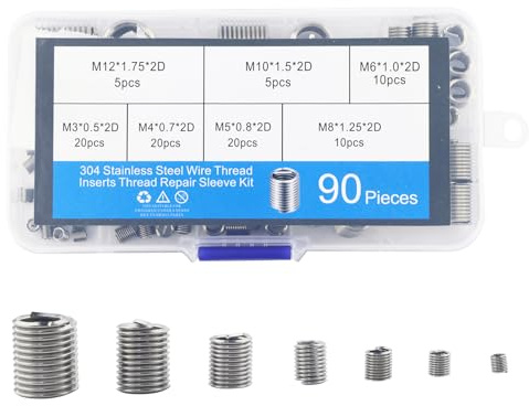 TIOMIOSEA 90 STK Heli coil Set Edelstahl Gewindereparatursatz Heli-coil Typ M3 M4 M5 M6 M8 M10 M12 Gewinde Reparatur Einsatz Sortiment für Metall Kunststoff Verarbeitenden Industrie